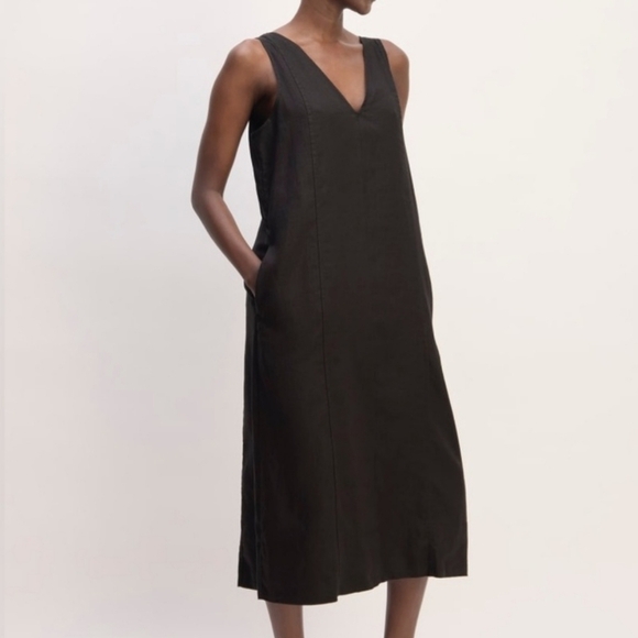 Everlane The Linen V-Neck Midi Dress Black Pockets Relaxed Fit Size 2 - Picture 1 of 11
